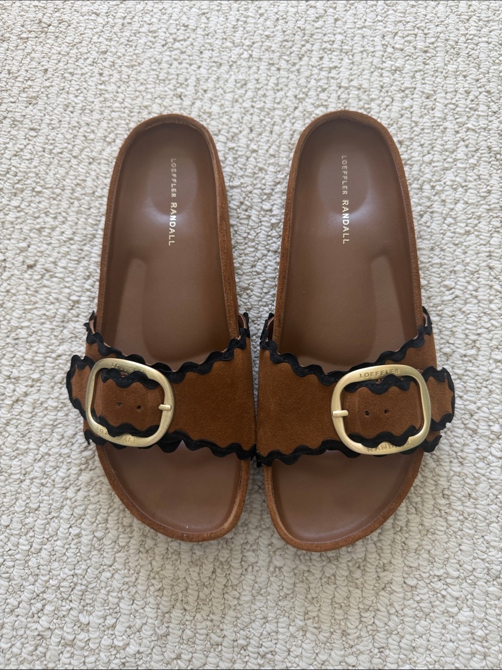 Loeffler Randall Tan Suede Slide Mules with Gold Buckle and Black Trim
